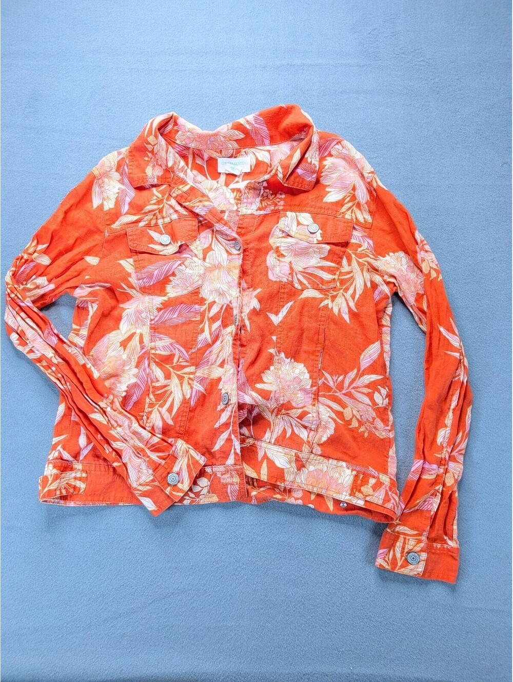 Cynthia Rowley Jacket Womens L Orange Tropical Floral Linen Button Pockets